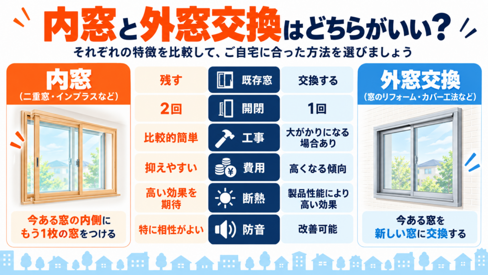 内窓と外窓交換の違いを、既存窓・開閉・工事・費用・断熱・防音の項目で比較した図解