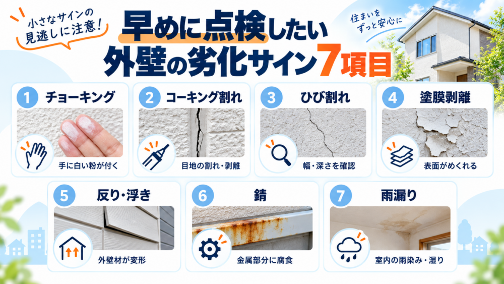 外壁の劣化サイン7項目を、チョーキング・コーキング割れ・ひび割れ・塗膜剥離・反りや浮き・錆・雨漏りで整理した図解