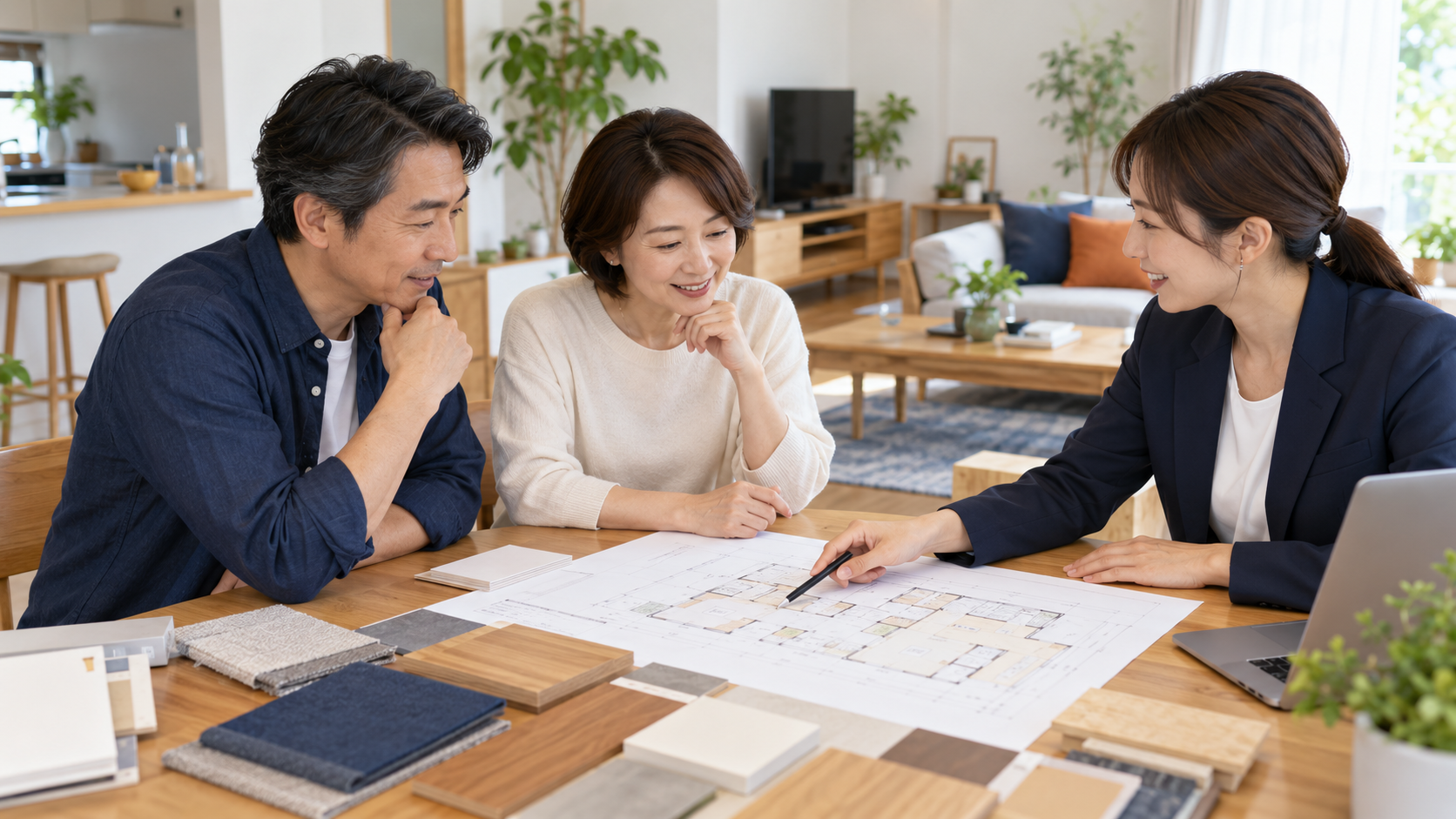 リフォーム担当者と間取り図を見ながら住まいの改修について相談する夫婦