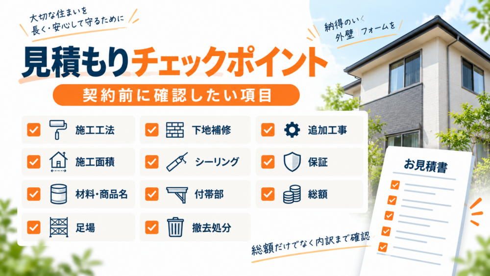 外壁リフォームの見積もりで確認したい施工工法・施工面積・材料・足場・下地補修・シーリング・付帯部・撤去処分・追加工事・保証・総額のチェックリスト
