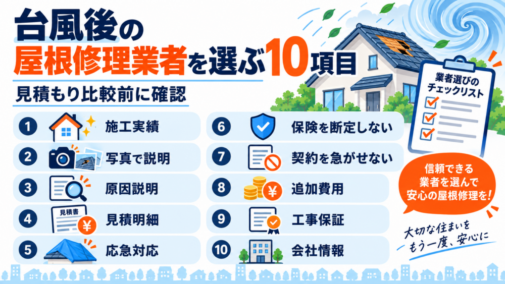 台風後の屋根修理業者を選ぶ10項目を、施工実績・写真説明・原因説明・見積明細・応急対応・保険の断定回避・契約・追加費用・工事保証・会社情報でまとめた図解