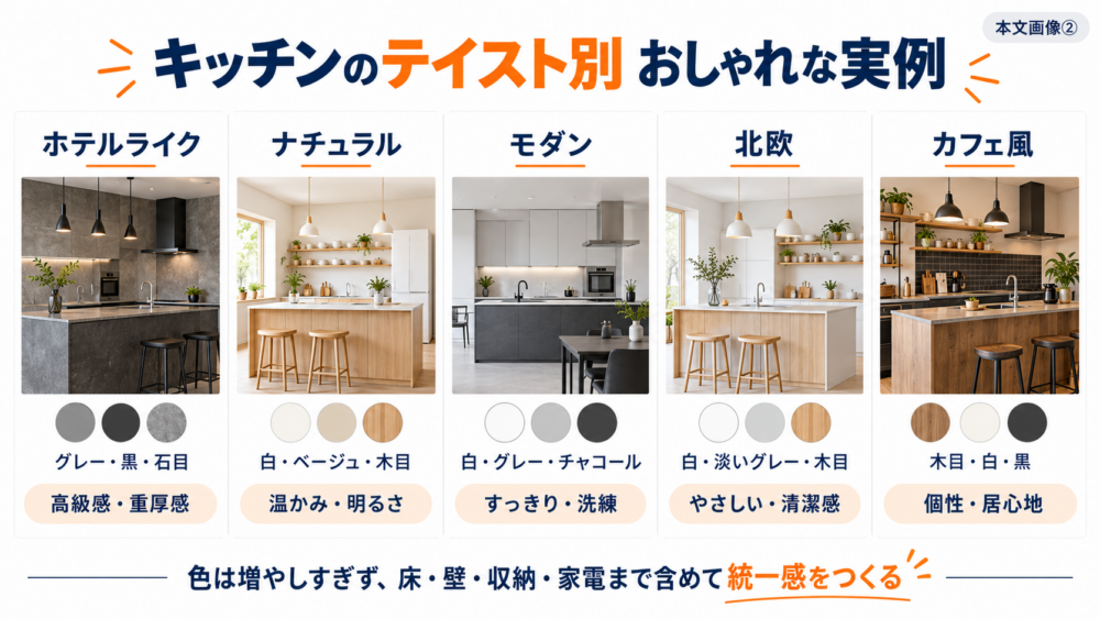 ホテルライク・ナチュラル・モダン・北欧・カフェ風のおしゃれなキッチンテイストを比較した実例図解