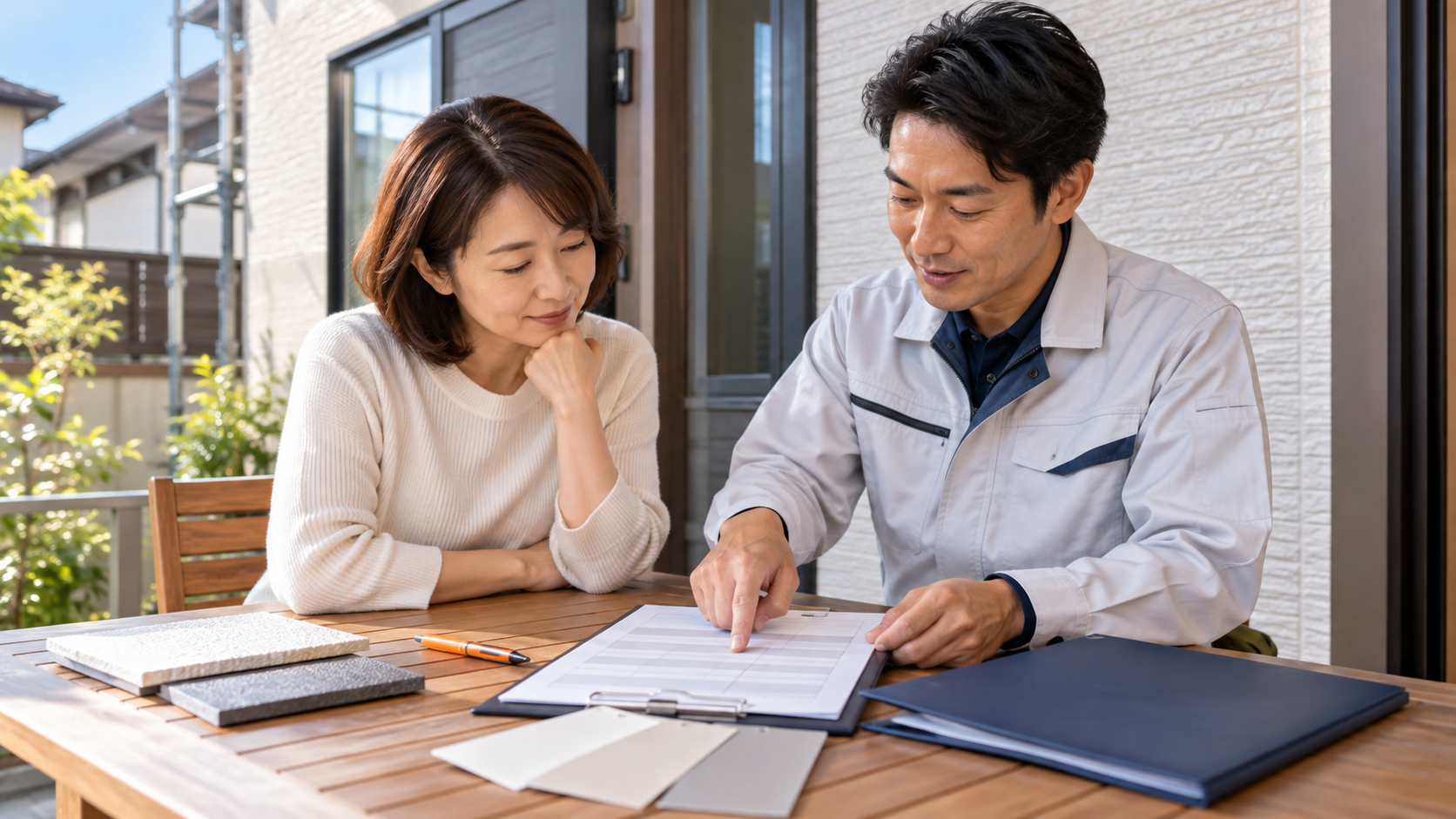外壁塗装の見積書を業者と一緒に確認する施主