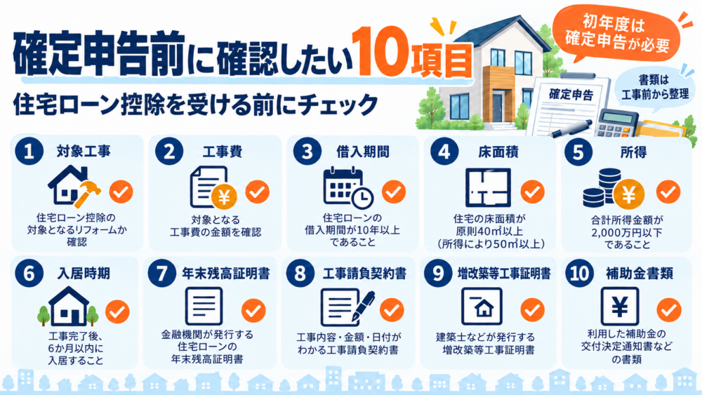住宅ローン控除の確定申告前に確認したい対象工事・工事費・借入期間・床面積・所得・入居時期・年末残高証明書・工事請負契約書・増改築等工事証明書・補助金書類の10項目をまとめた図解
