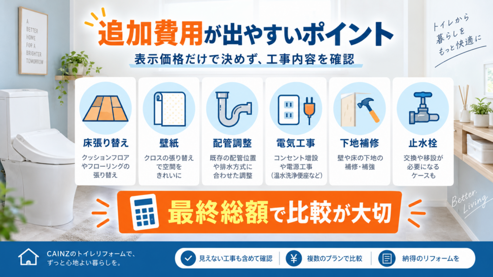 カインズのトイレリフォームで追加費用が発生しやすい工事内容をまとめた図解