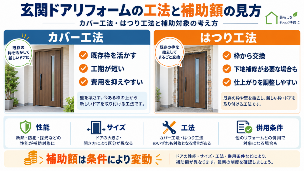 玄関ドアの工法ごとの特徴と補助額の目安を比較した図解