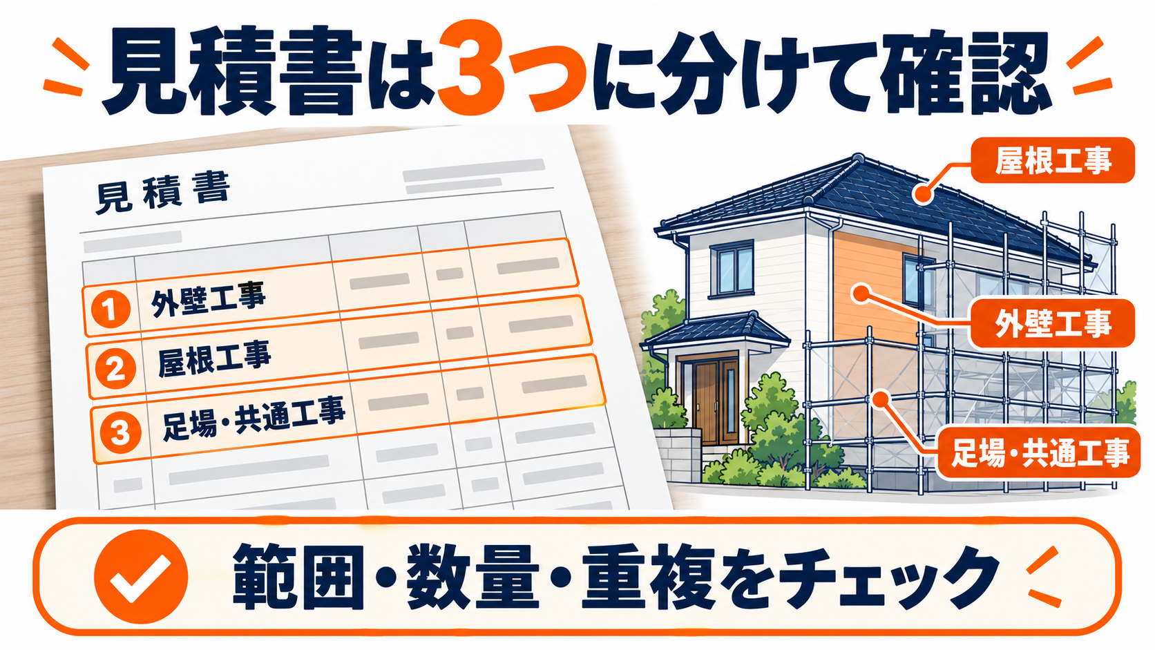 外壁工事、屋根工事、足場などの共通工事に分けて見積書を確認する図