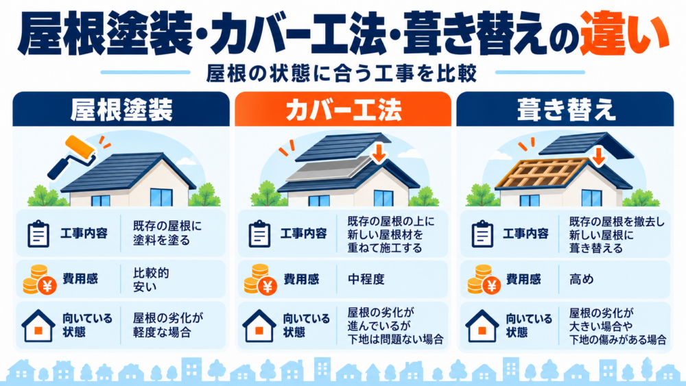屋根塗装・カバー工法・葺き替えの違いを、工事内容・費用感・向いている状態で比較した図解