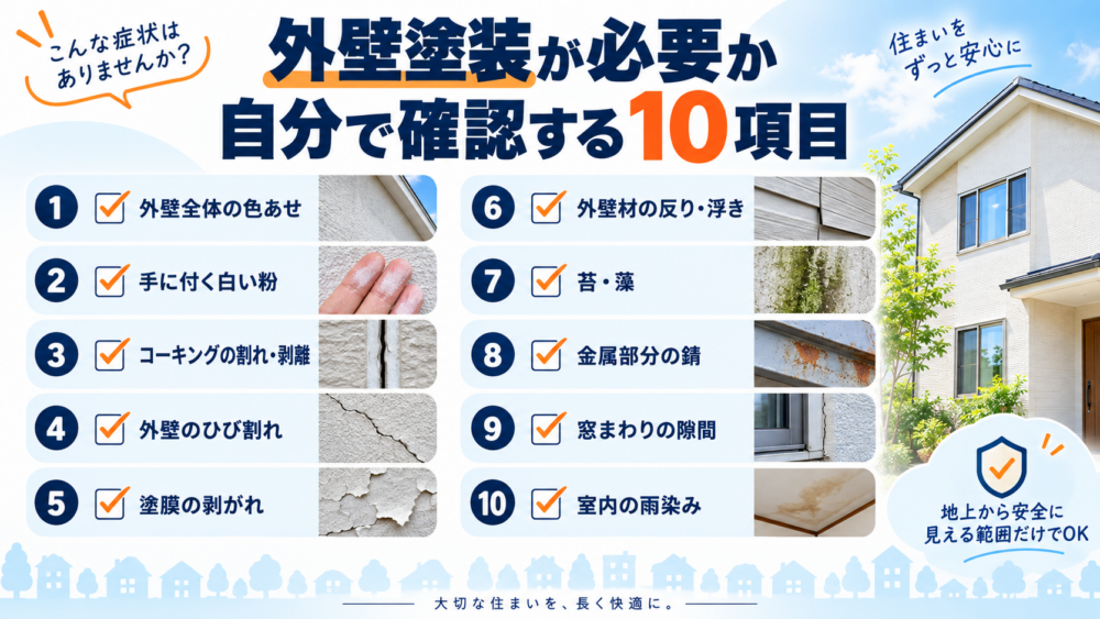 外壁塗装が必要か確認する10項目を、色あせ・白い粉・コーキング・ひび割れ・塗膜剥がれ・反りや浮き・苔や藻・錆・窓まわり・室内の雨染みでまとめた図解