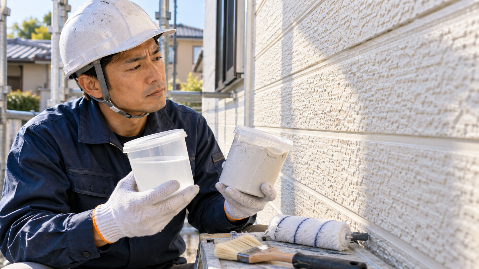 外壁の状態を見ながら下塗り材を確認する職人