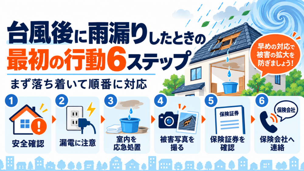 台風後に雨漏りしたときの最初の行動6ステップを、安全確認・応急処置・被害写真・保険確認・保険会社への連絡で整理した図解
