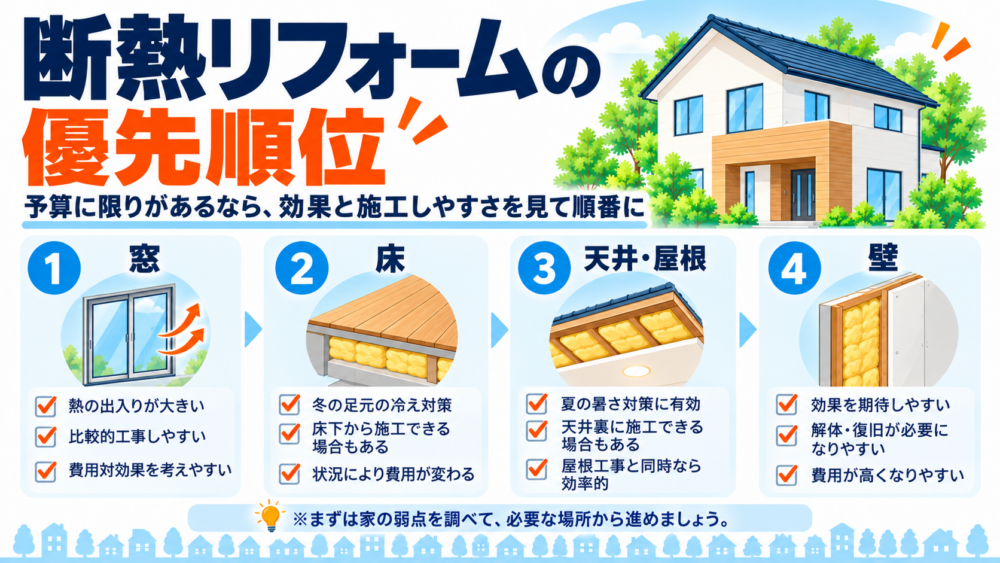 断熱リフォームの優先順位を窓・床・天井屋根・壁の順に整理した図解