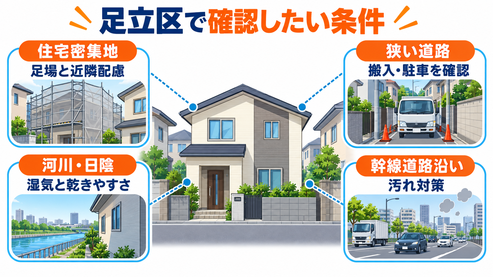 足立区の外壁塗装で確認したい住宅密集地・狭い道路・河川周辺・幹線道路の条件