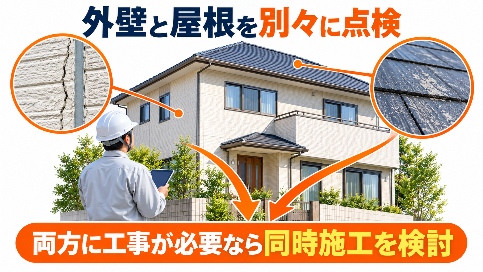 外壁と屋根の劣化状態を別々に点検し、同時施工の必要性を判断する図
