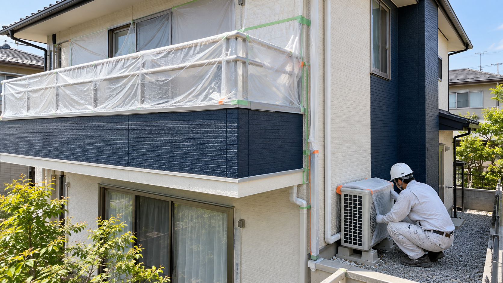 外壁塗装に備えて養生されたベランダと、室外機の保護状態を確認する職人