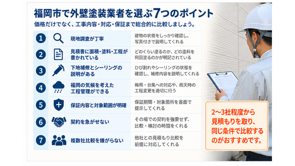 福岡市で外壁塗装業者を選ぶ7つのポイントをまとめたチェック図