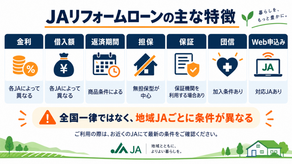 JAリフォームローンの主な特徴として、金利・借入額・返済期間・担保・保証・団信・Web申込みを整理した図解