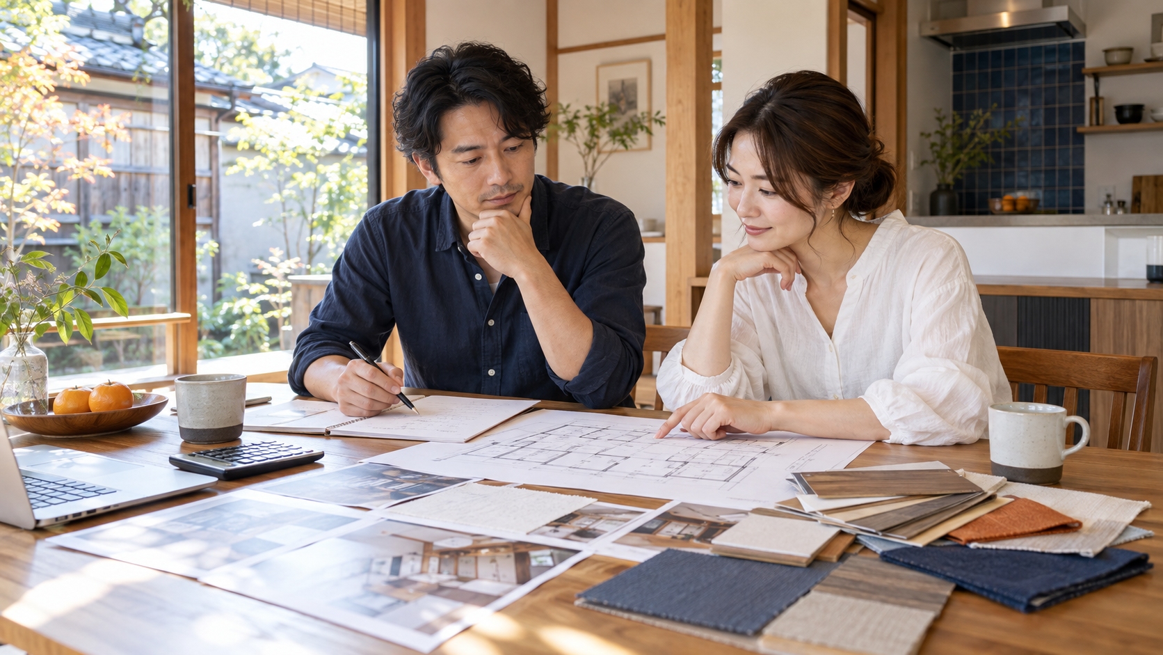リフォームの図面と建材サンプルを並べて工事内容を比較する様子