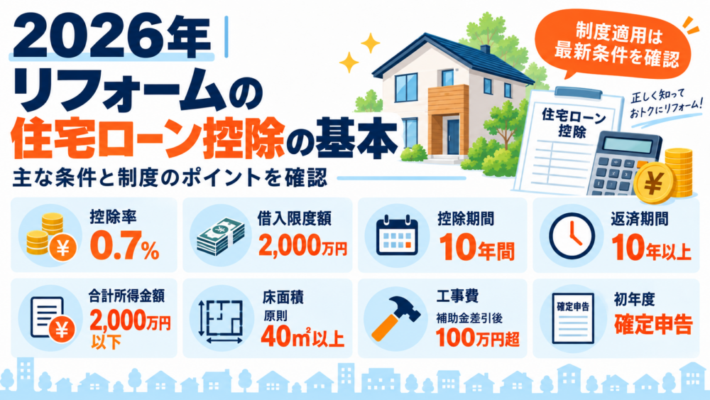 2026年のリフォーム住宅ローン控除について控除率0.7％・借入限度額2,000万円・控除期間10年・返済期間10年以上・所得・床面積・工事費・確定申告の主な条件をまとめた図解