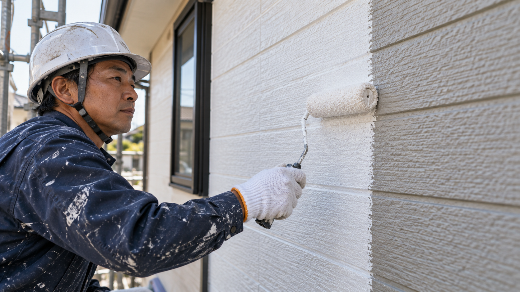 住宅の外壁にローラーで下塗り材を塗る職人