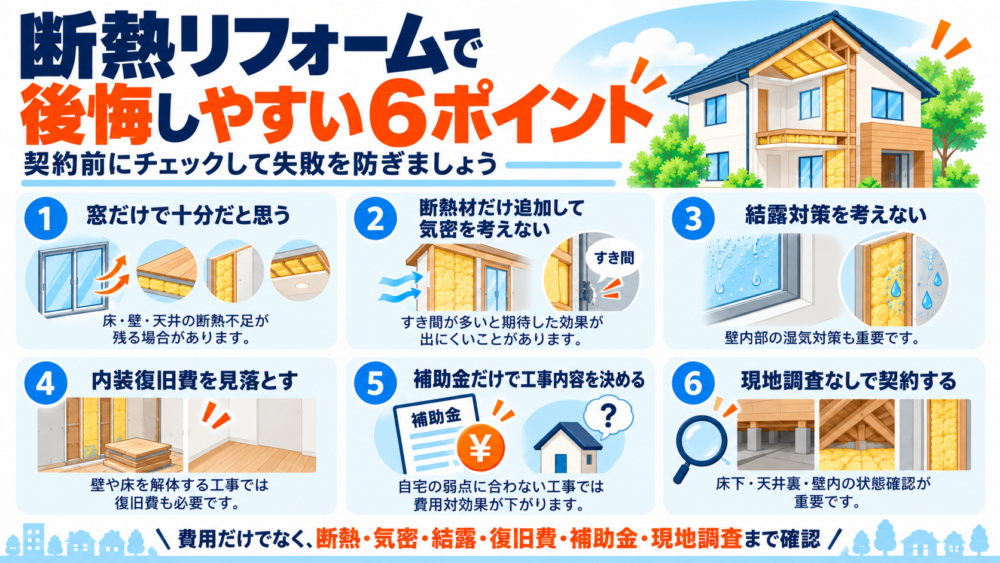 断熱リフォームで後悔しやすい窓・気密・結露・復旧費・補助金・現地調査の6ポイントを整理した図解
