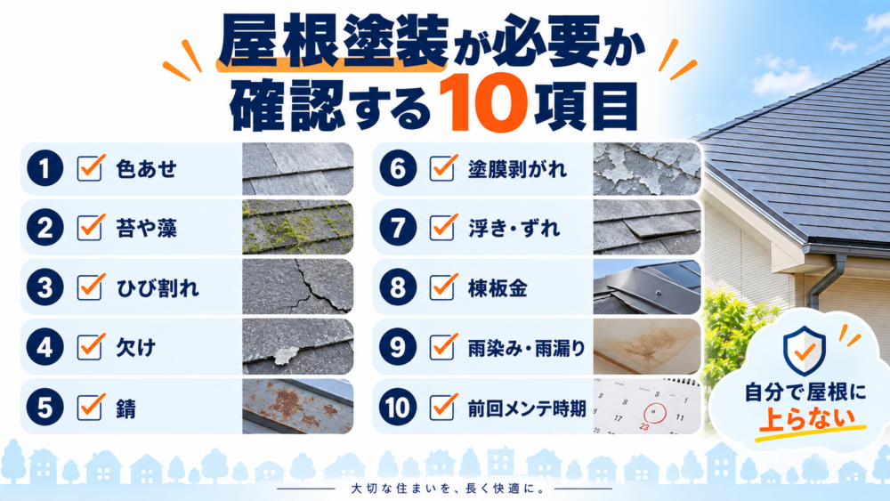 屋根塗装が必要か確認する10項目を、色あせ・苔や藻・ひび割れ・欠け・錆・塗膜剥がれ・浮きやずれ・棟板金・雨染みや雨漏り・前回メンテナンス時期でまとめた図解