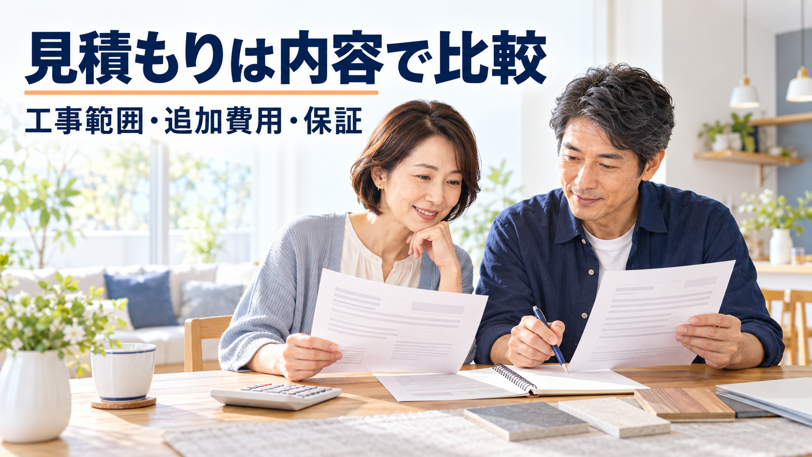 工事範囲・追加費用・保証を確認しながら、自宅でリフォームの見積書を比較する夫婦のイメージ
