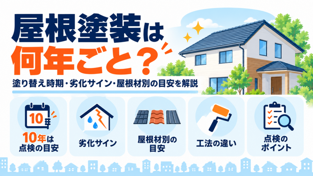 屋根塗装は何年ごとに必要かを、塗り替え時期・劣化サイン・屋根材別の目安とあわせて解説する図解