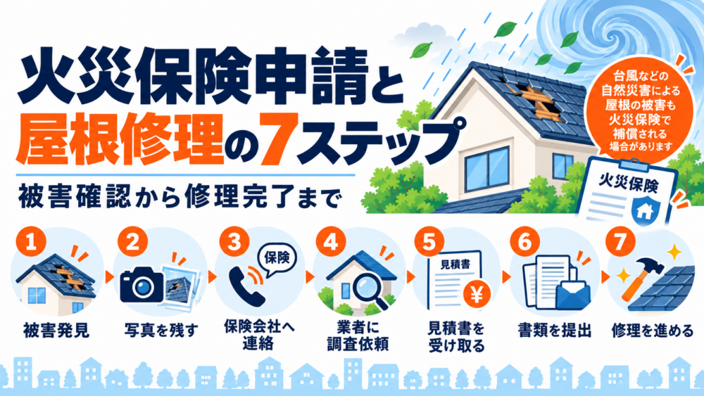 火災保険申請と屋根修理の7ステップを、被害発見・写真保存・保険会社連絡・業者調査・見積書・書類提出・修理の流れで示した図解