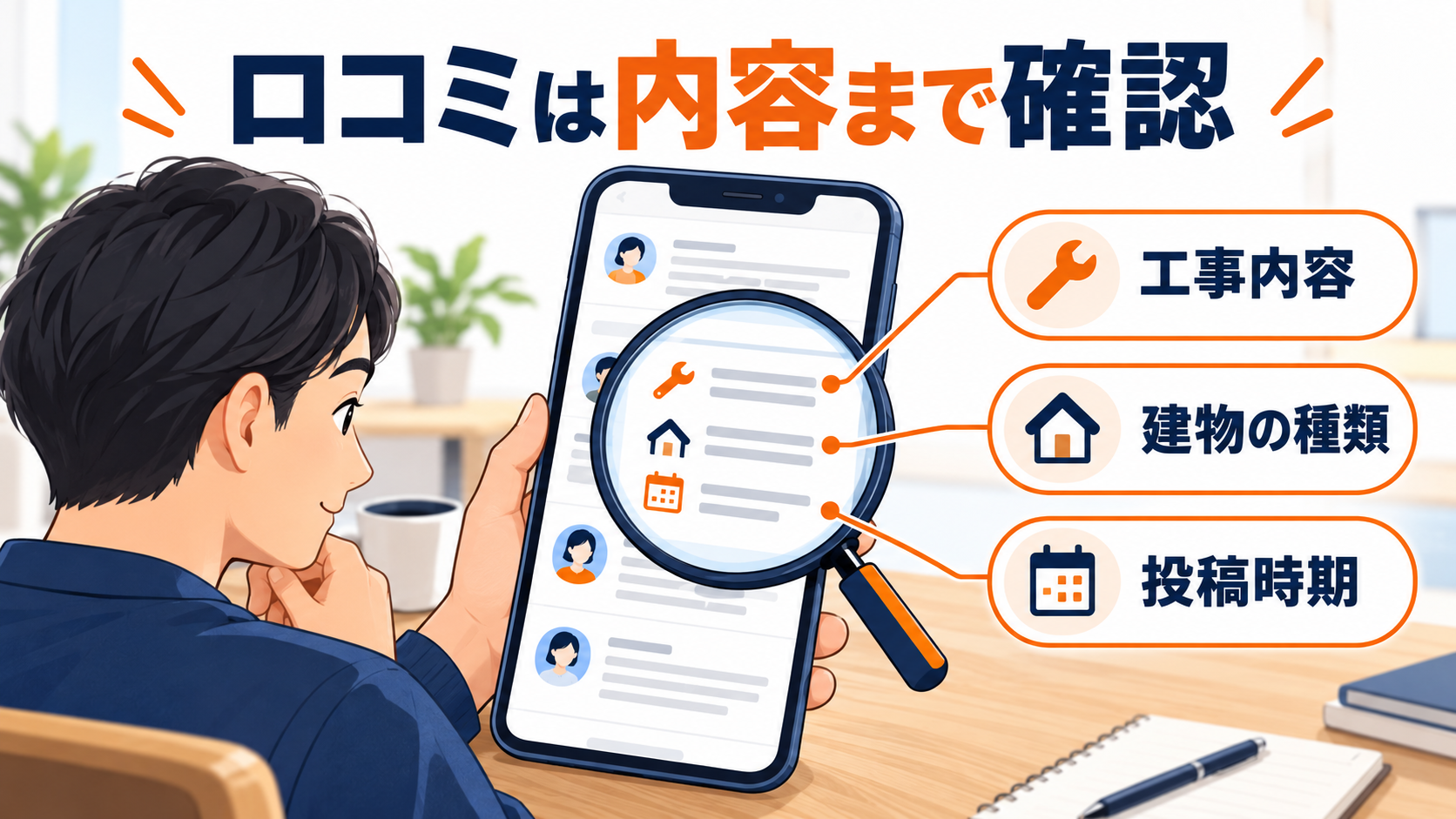 リフォーム会社の口コミで工事内容、建物の種類、投稿時期を確認する図