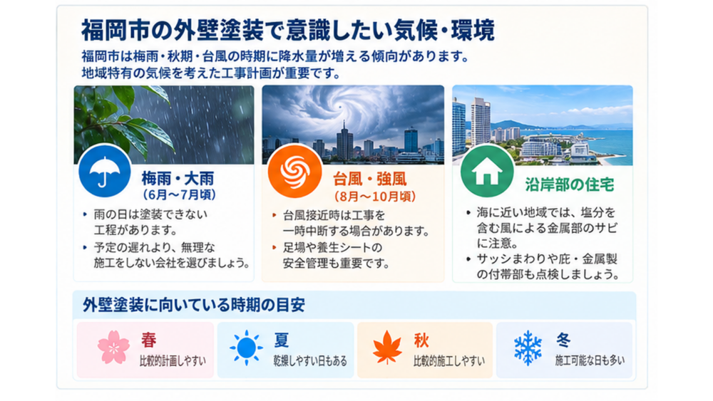福岡市の外壁塗装で注意したい梅雨・台風・沿岸部の環境ポイントをまとめた図