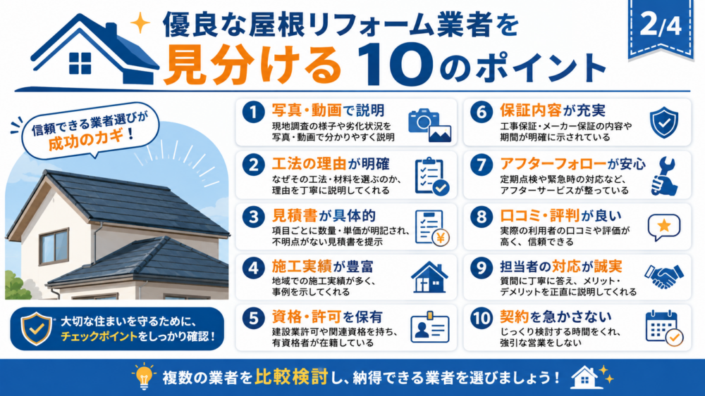 優良な屋根リフォーム業者を見分けるための写真説明・見積書・施工実績・保証・契約対応など10のチェックポイント