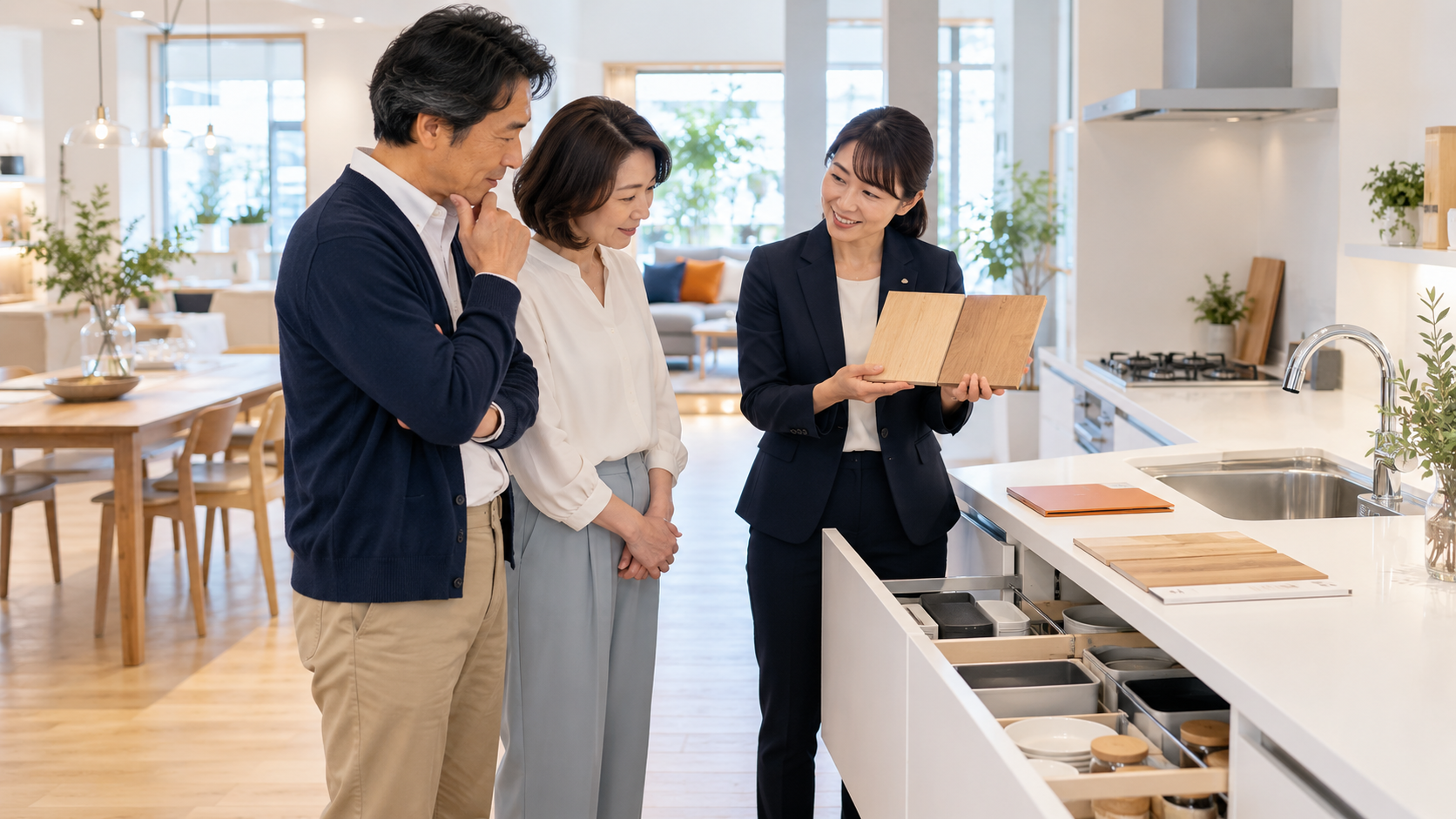 キッチンのショールームで担当者と床材のサンプルや収納設備を比較する夫婦