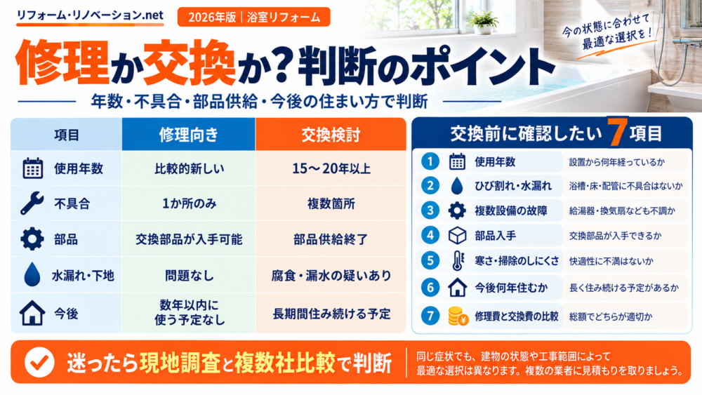 お風呂リフォームで修理か交換かを判断するポイントを比較した図