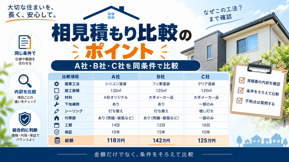 外壁リフォームの相見積もりでA社・B社・C社の提案工法・施工面積・材料・下地補修・シーリング・付帯部・工期・保証・総額を比較するポイントの図解