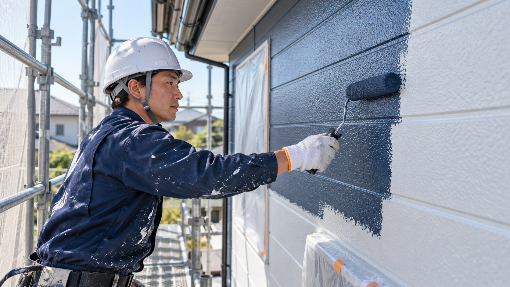 住宅の外壁をローラーで中塗りする職人