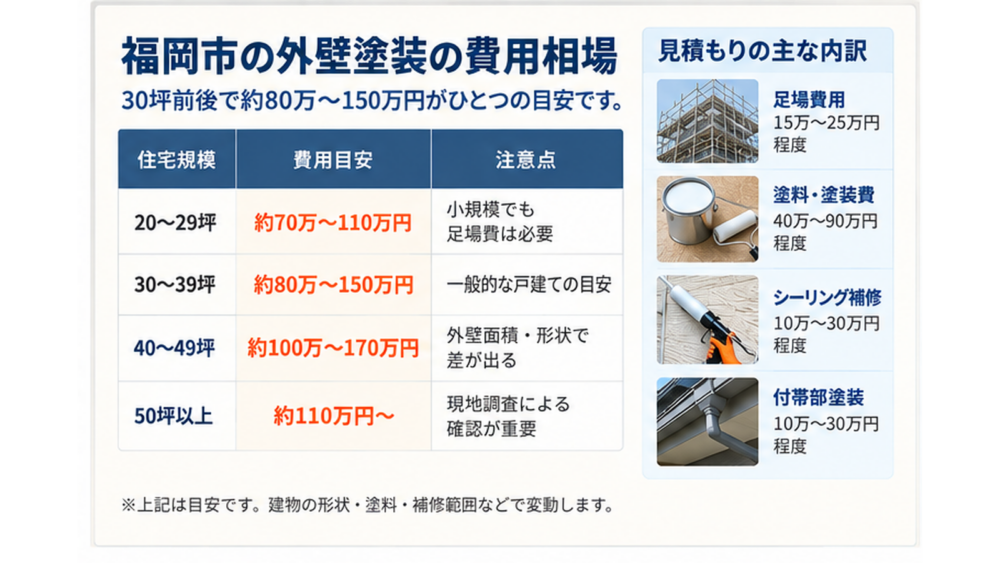 福岡市の外壁塗装の費用相場と見積もり内訳をまとめた図