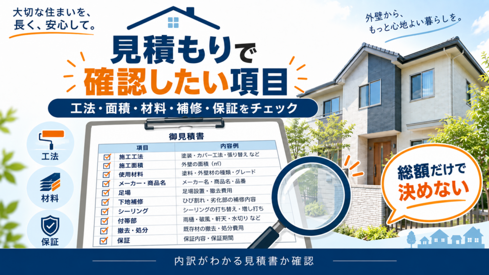 外壁リフォームの見積もりで確認したい施工工法・施工面積・使用材料・メーカー商品名・足場・下地補修・シーリング・付帯部・撤去処分・保証のチェック図解