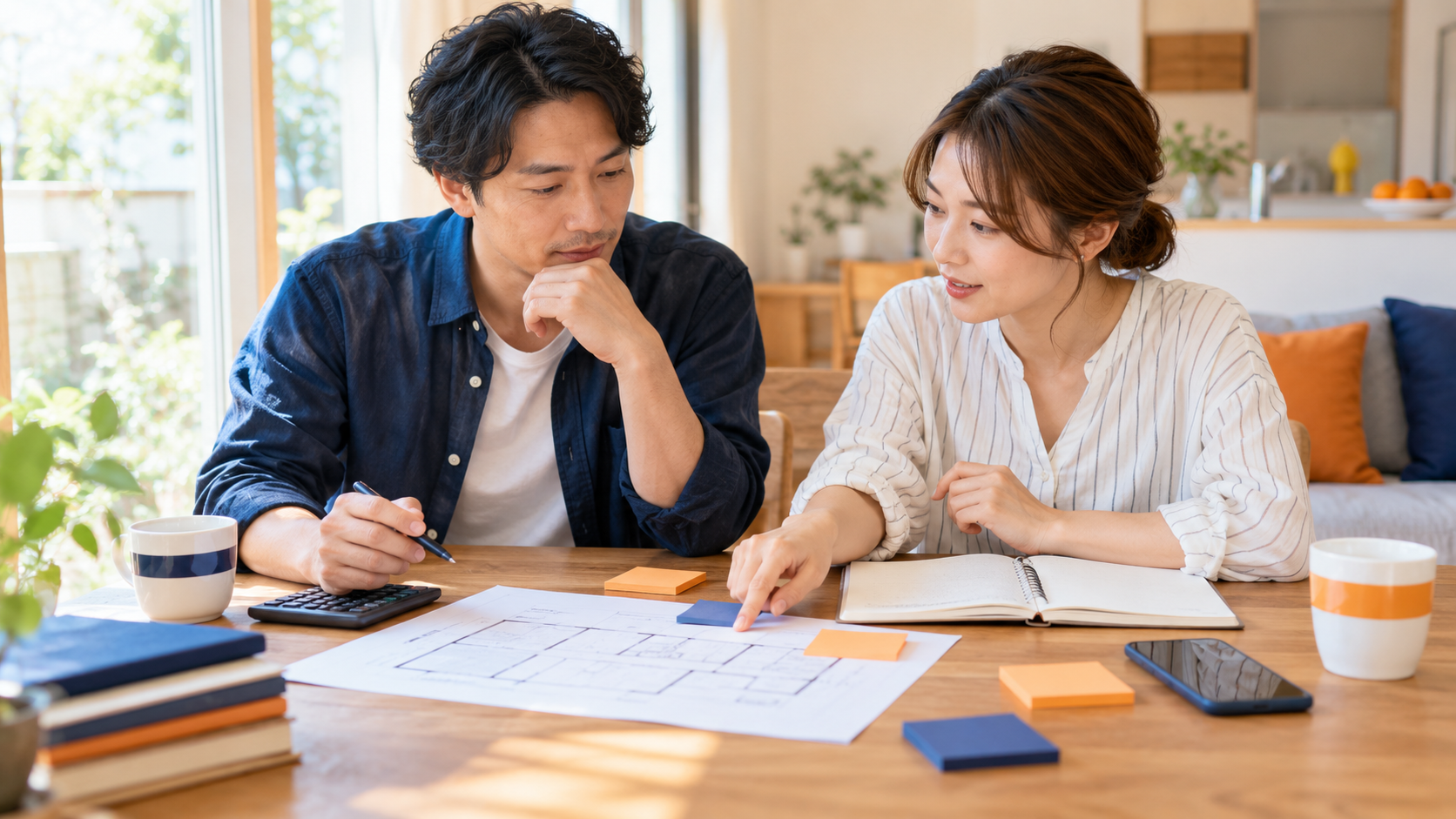 間取り図を見ながらリフォームの予算と希望を整理する夫婦