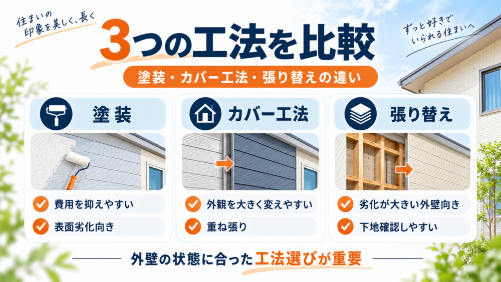 外壁リフォームの塗装・カバー工法・張り替えの違いと向いているケースを比較した図解
