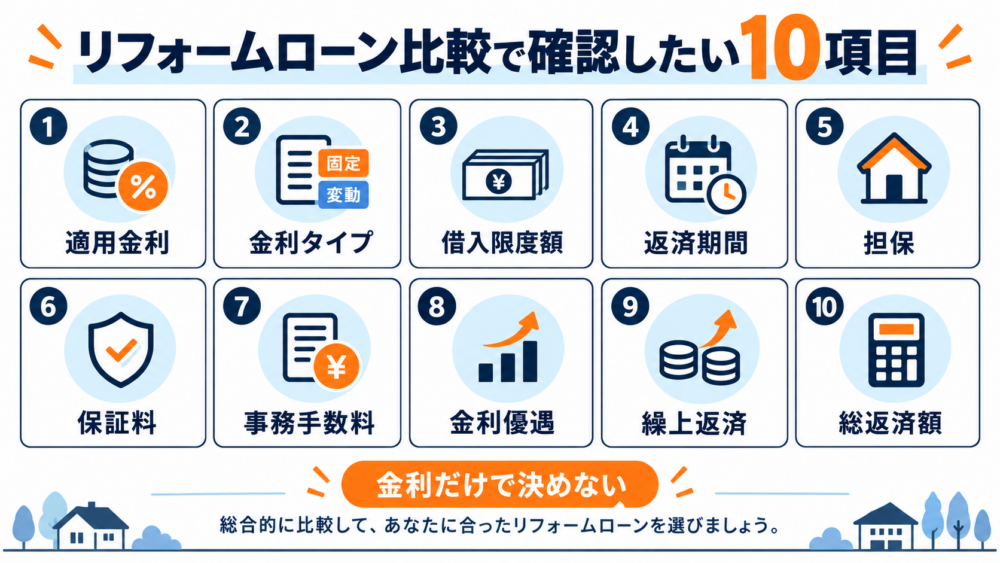 リフォームローン比較で確認したい適用金利・金利タイプ・借入限度額・返済期間・担保・保証料・事務手数料・金利優遇・繰上返済・総返済額の10項目をまとめた図解