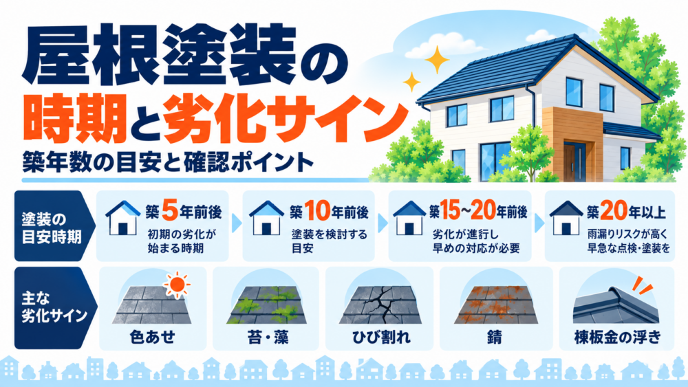屋根塗装の時期と主な劣化サインを、築年数の目安と色あせ・苔・ひび割れ・錆・棟板金の浮きで整理した図解