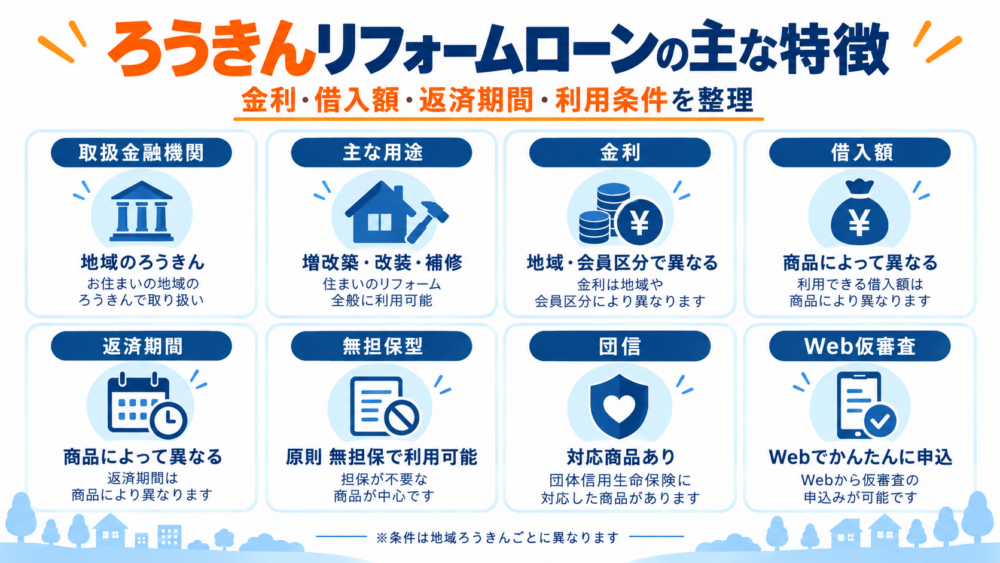 ろうきんリフォームローンの主な特徴として取扱金融機関・用途・金利・借入額・返済期間・無担保型・団信・Web仮審査を整理した図解
