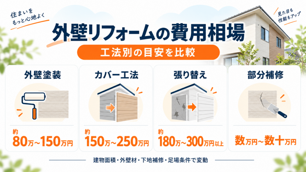 外壁リフォームの費用相場を外壁塗装・カバー工法・張り替え・部分補修別に比較した図解