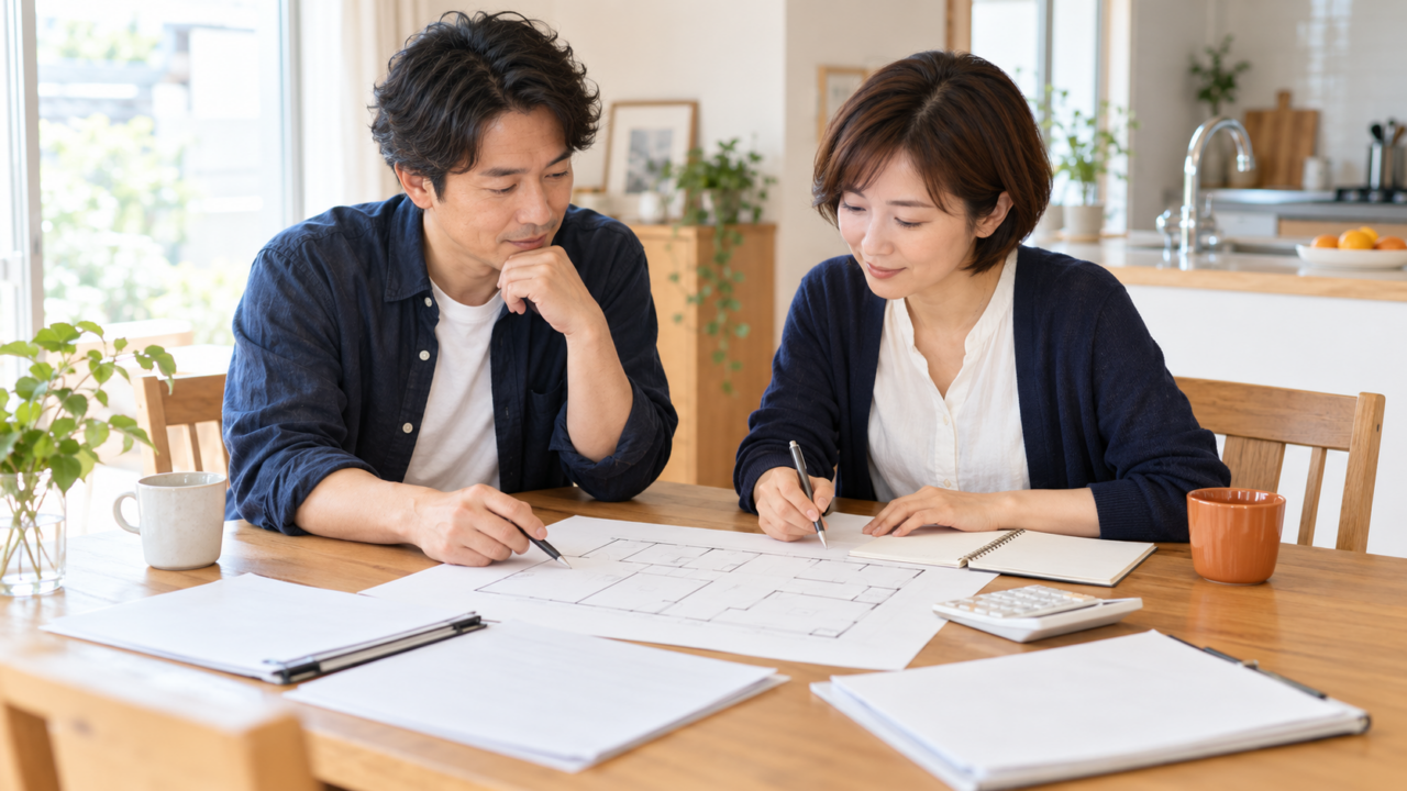 ショールームでリフォーム担当者とキッチン設備や床材のサンプルを比較する夫婦