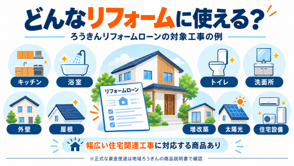 ろうきんリフォームローンで利用できる可能性があるキッチン・浴室・トイレ・洗面所・外壁・屋根・増改築・太陽光・住宅設備などの対象工事をまとめた図解