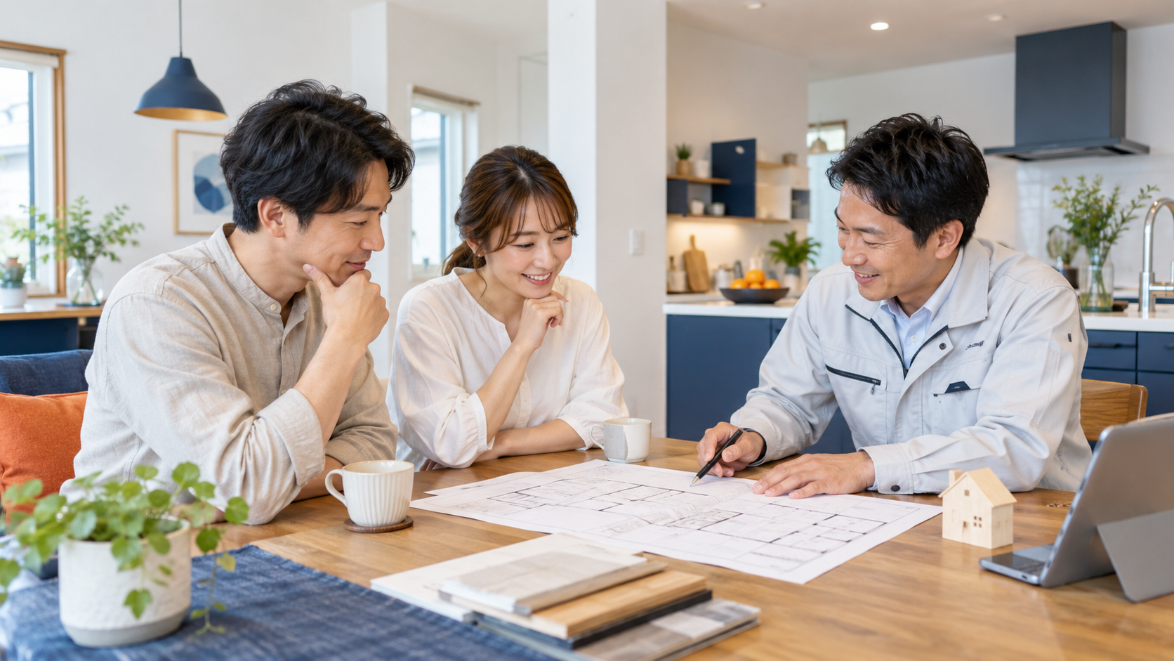 リフォーム会社の担当者に間取り図を見せながら相談する夫婦