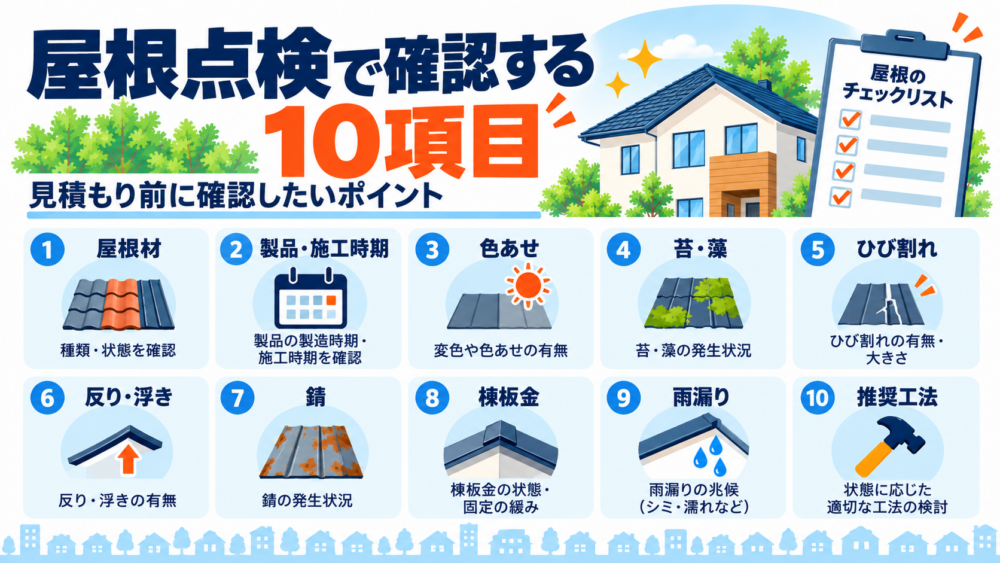 屋根点検で確認する10項目を、屋根材・施工時期・色あせ・苔・ひび割れ・反り・錆・棟板金・雨漏り・推奨工法でまとめた図解