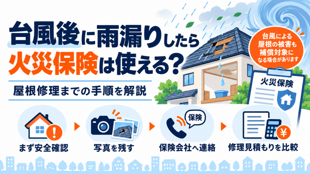 台風後に雨漏りした場合の火災保険適用と屋根修理までの流れを解説する図解