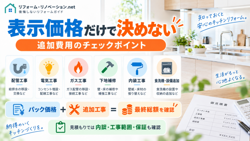 ニトリのキッチンリフォームで発生しやすい追加費用のチェックポイントをまとめた図解
